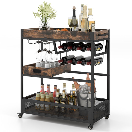 3-Tier Industrial Buffet Serving Cart with Wine Rack - Image 4