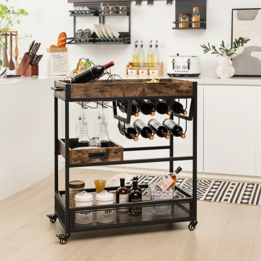 3-Tier Industrial Buffet Serving Cart with Wine Rack - Image 2