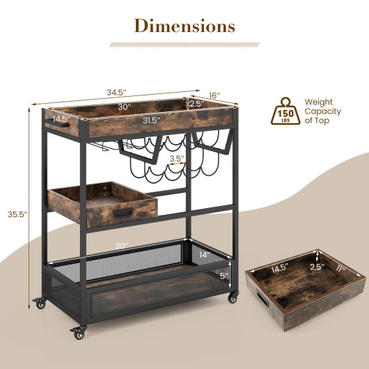 3-Tier Industrial Buffet Serving Cart with Wine Rack - Image 3