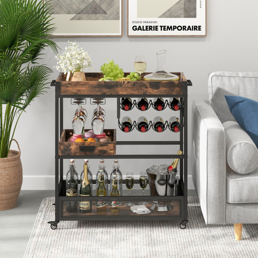 3-Tier Industrial Buffet Serving Cart with Wine Rack - Image 5