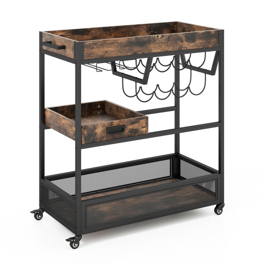 3-Tier Industrial Buffet Serving Cart with Wine Rack - Image 6