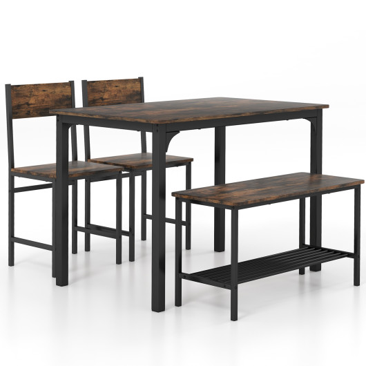 4 Pieces Rustic Dining Table Set with 2 Chairs and Bench-Rustic Brown
