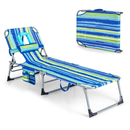 Folding Beach Lounge Chair with Pillow for Outdoor-Blue & Green - Image 6