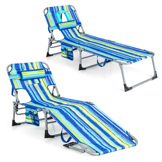Folding Beach Lounge Chair with Pillow for Outdoor-Blue & Green - Image 2