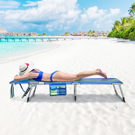 Folding Beach Lounge Chair with Pillow for Outdoor-Blue & Green - Image 4