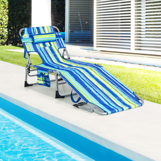 Folding Beach Lounge Chair with Pillow for Outdoor-Blue & Green - Image 5
