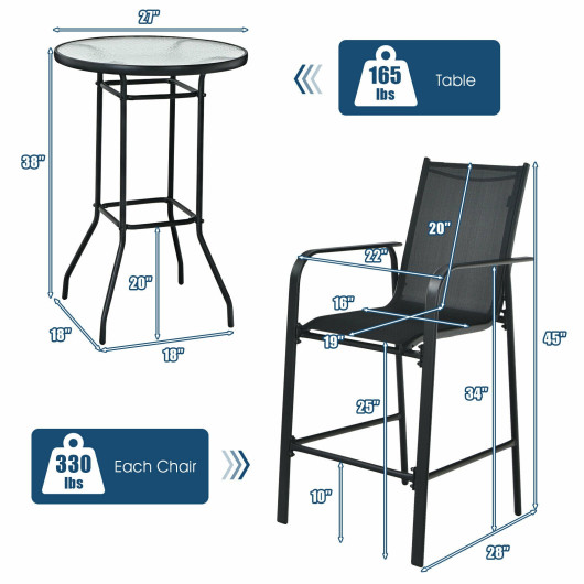 3 Pieces Outdoor Patio Bar Table Stool Set-Black - Image 5