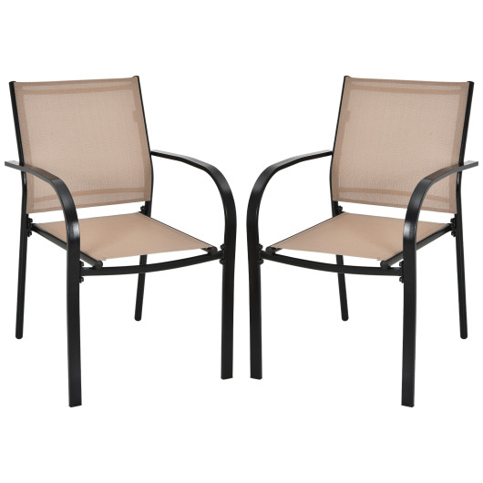 Set of 2 Patio Stackable Dining Chairs with Armrests Garden Deck-Brown