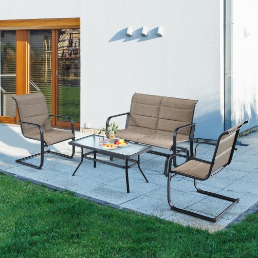 4 Pieces Outdoor Patio Furniture Set with Padded Glider Loveseat and Coffee Table-Brown - Image 3