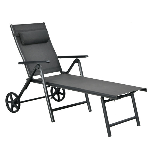 Patio Lounge Chair with Wheels Neck Pillow Aluminum Frame Adjustable-Gray - Image 2