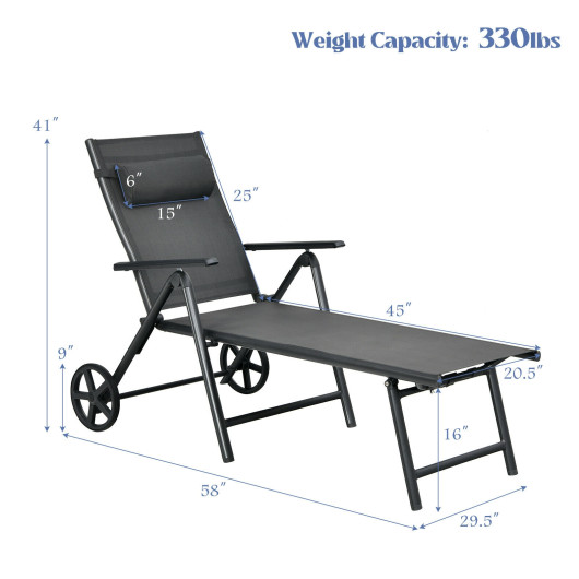 Patio Lounge Chair with Wheels Neck Pillow Aluminum Frame Adjustable-Gray - Image 6