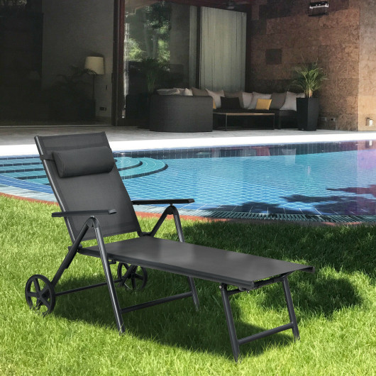 Patio Lounge Chair with Wheels Neck Pillow Aluminum Frame Adjustable-Gray - Image 3
