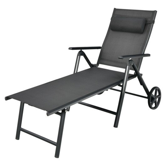 Patio Lounge Chair with Wheels Neck Pillow Aluminum Frame Adjustable-Gray - Image 5