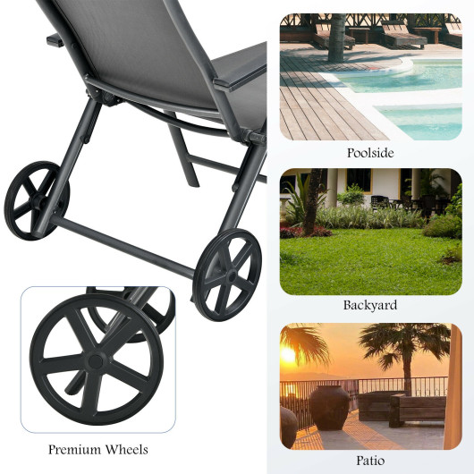 Patio Lounge Chair with Wheels Neck Pillow Aluminum Frame Adjustable-Gray - Image 4