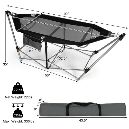 Portable Folding Hammock with Hammock Stand-Black - Image 2