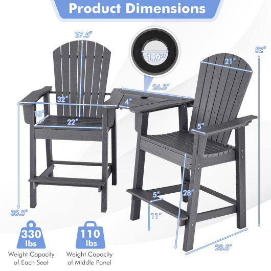 2 Pieces HDPE Tall Adirondack Chair with Middle Connecting Tray-Gray - Image 2