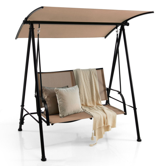 2-Seat Outdoor Canopy Swing with Comfortable Fabric Seat and Heavy-duty Metal Frame-Beige - Image 5
