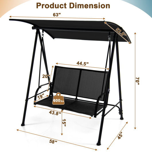 2-Seat Outdoor Canopy Swing with Comfortable Fabric Seat and Heavy-duty Metal Frame-Black - Image 2