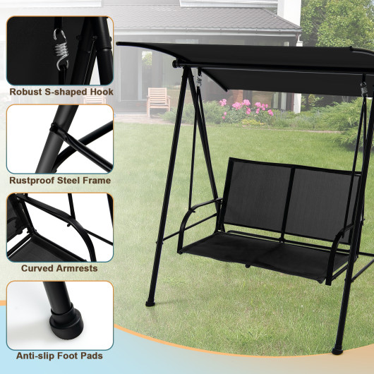 2-Seat Outdoor Canopy Swing with Comfortable Fabric Seat and Heavy-duty Metal Frame-Black - Image 4