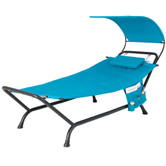 Patio Hanging Chaise Lounge Chair with Canopy Cushion Pillow and Storage Bag-Navy - Image 3