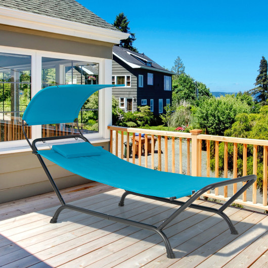 Patio Hanging Chaise Lounge Chair with Canopy Cushion Pillow and Storage Bag-Navy - Image 5