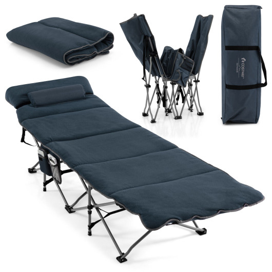 Folding Retractable Travel Camping Cot with Mattress and Carry Bag-Blue - Image 3