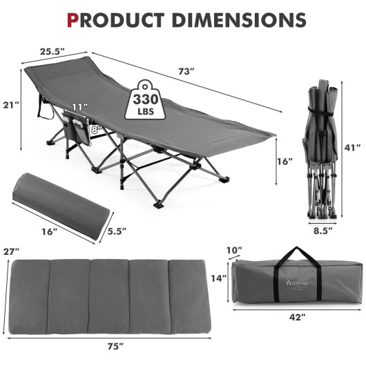 Folding Retractable Travel Camping Cot with Mattress and Carry Bag-Gray - Image 2