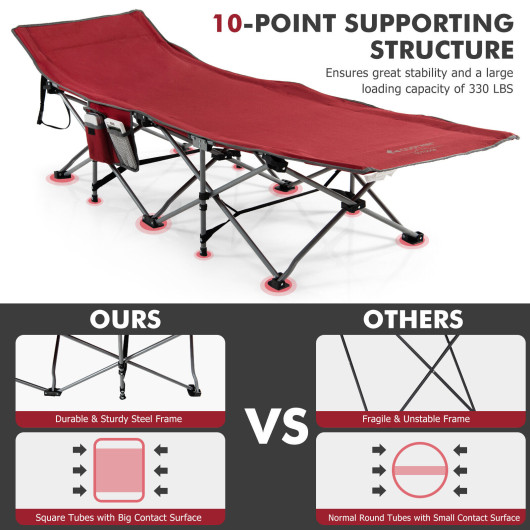 Folding Retractable Travel Camping Cot with Mattress and Carry Bag-Red - Image 5