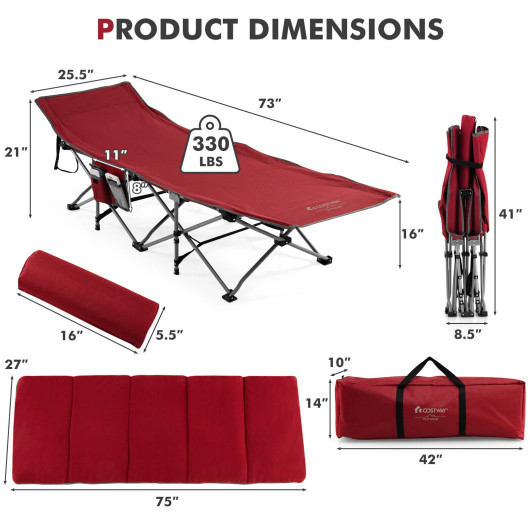 Folding Retractable Travel Camping Cot with Mattress and Carry Bag-Red - Image 6