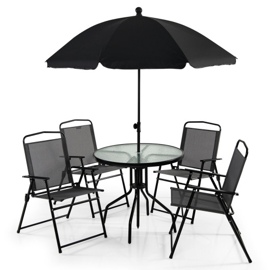 6 Pieces Patio Dining Set Folding Chairs Glass Table Tilt Umbrella for Garden-Gray - Image 2