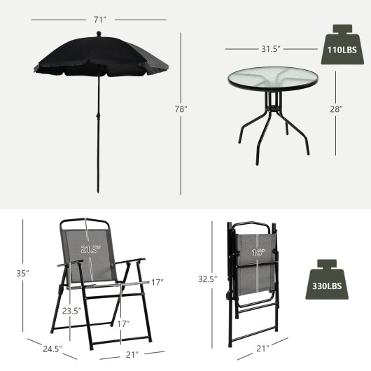 6 Pieces Patio Dining Set Folding Chairs Glass Table Tilt Umbrella for Garden-Gray - Image 5