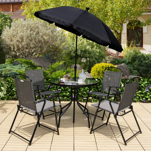 6 Pieces Patio Dining Set Folding Chairs Glass Table Tilt Umbrella for Garden-Gray - Image 3