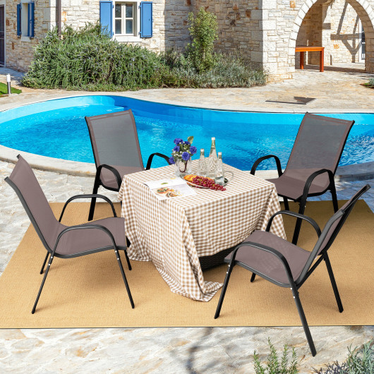 4 Pieces Stackable Patio Dining Chairs Set with Armrest-Brown - Image 3