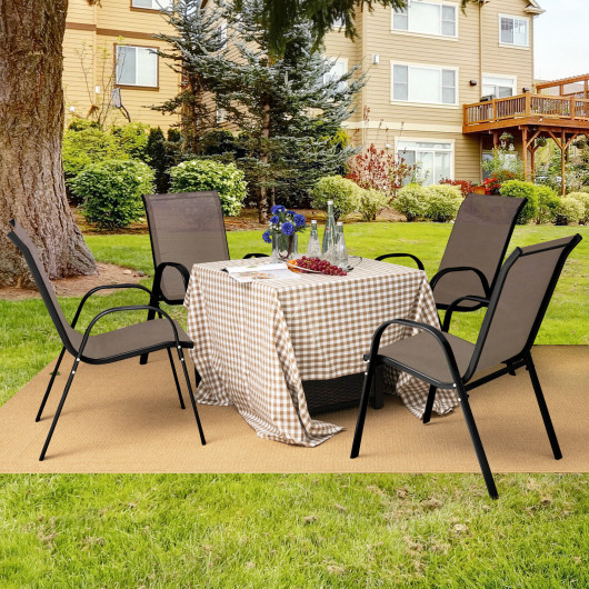 4 Pieces Stackable Patio Dining Chairs Set with Armrest-Brown - Image 6