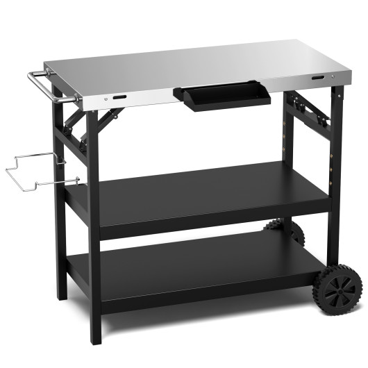 3 Tiers Foldable Outdoor Cart on 2 Wheels with Phone Holder-Black - Image 2
