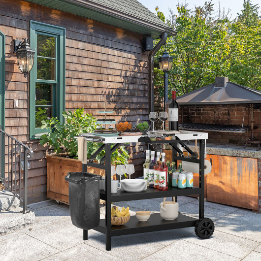 3 Tiers Foldable Outdoor Cart on 2 Wheels with Phone Holder-Black - Image 3