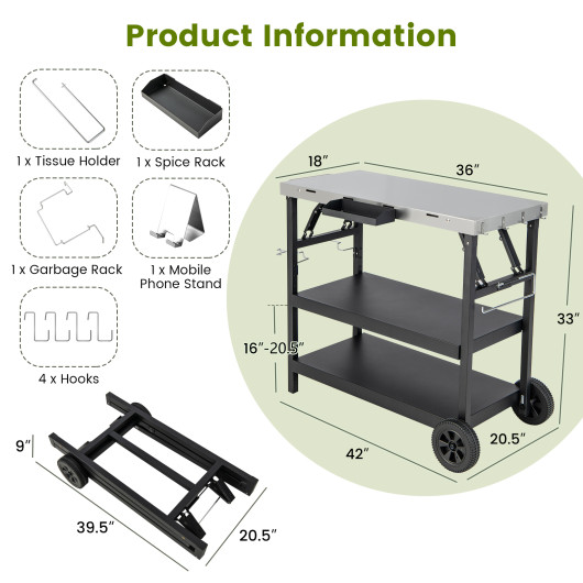 3 Tiers Foldable Outdoor Cart on 2 Wheels with Phone Holder-Black - Image 4