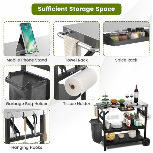 3 Tiers Foldable Outdoor Cart on 2 Wheels with Phone Holder-Black - Image 5