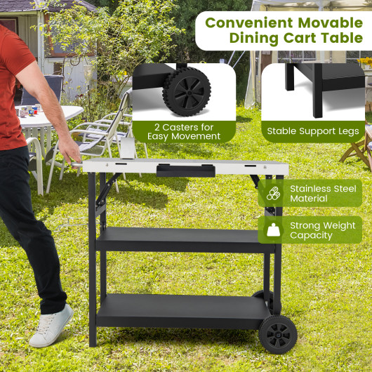 3 Tiers Foldable Outdoor Cart on 2 Wheels with Phone Holder-Black - Image 6