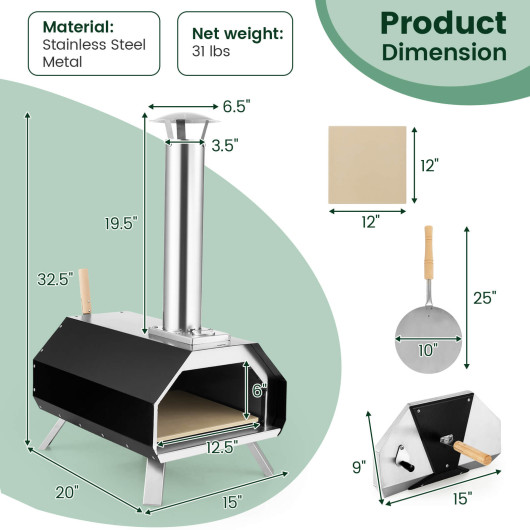 Outdoor Pizza Oven with Pizza Stone and Foldable Legs for Camping-Black - Image 3