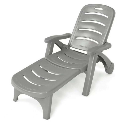5 Position Adjustable Folding Lounger Chaise Chair on Wheels-Gray - Image 6