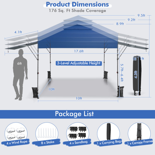 10 x 17.6 Feet Outdoor Instant Pop-up Canopy Tent with Dual Half Awnings-Blue - Image 5