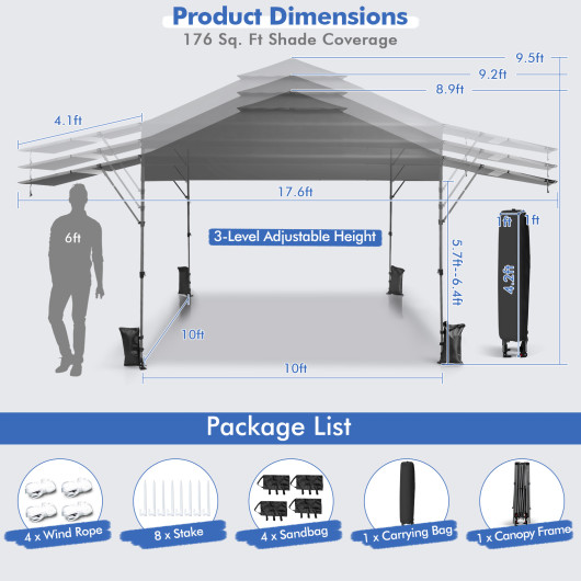 10 x 17.6 Feet Outdoor Instant Pop-up Canopy Tent with Dual Half Awnings-Gray - Image 3