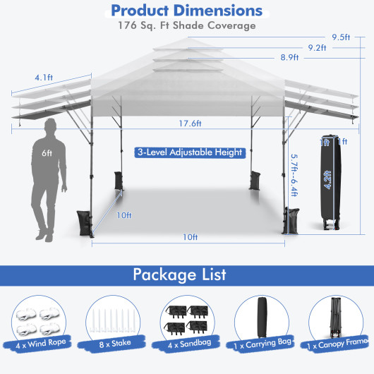 10 x 17.6 Feet Outdoor Instant Pop-up Canopy Tent with Dual Half Awnings-White - Image 4