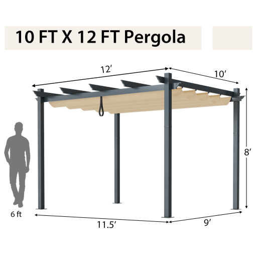 10 x 12 Feet Outdoor Aluminum Retractable Pergola Canopy Shelter Grape Trellis-Beige - Image 3