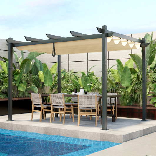 10 x 12 Feet Outdoor Aluminum Retractable Pergola Canopy Shelter Grape Trellis-Beige - Image 4