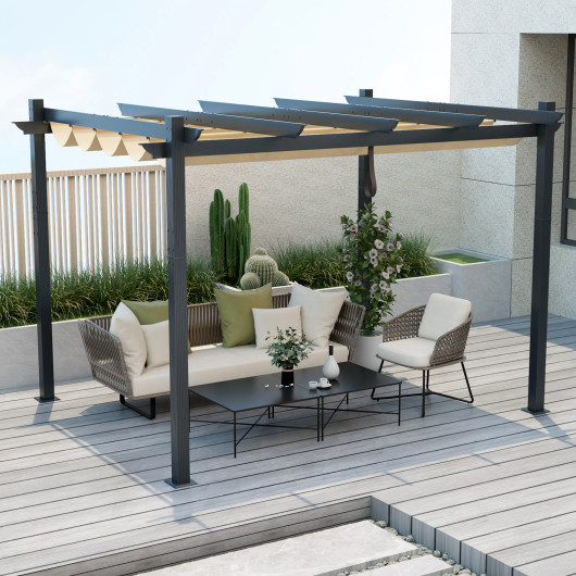 10 x 12 Feet Outdoor Aluminum Retractable Pergola Canopy Shelter Grape Trellis-Beige - Image 5