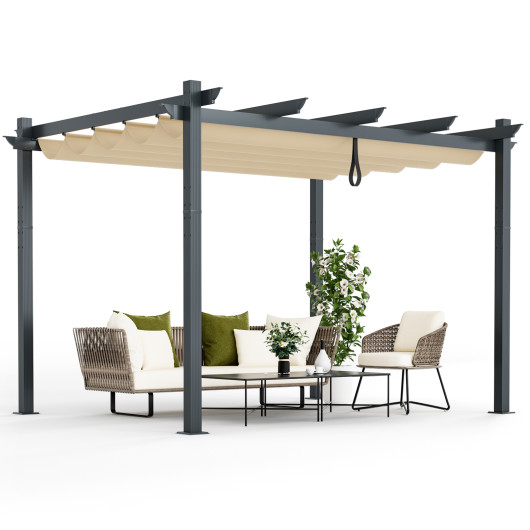10 x 12 Feet Outdoor Aluminum Retractable Pergola Canopy Shelter Grape Trellis-Beige - Image 6