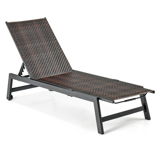 Patio PE Rattan Chaise Lounge with 5-Level Backrest and Wheels-Brown - Image 4