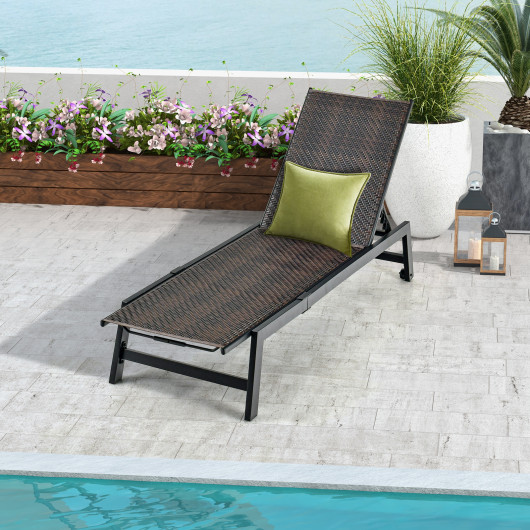 Patio PE Rattan Chaise Lounge with 5-Level Backrest and Wheels-Brown - Image 2